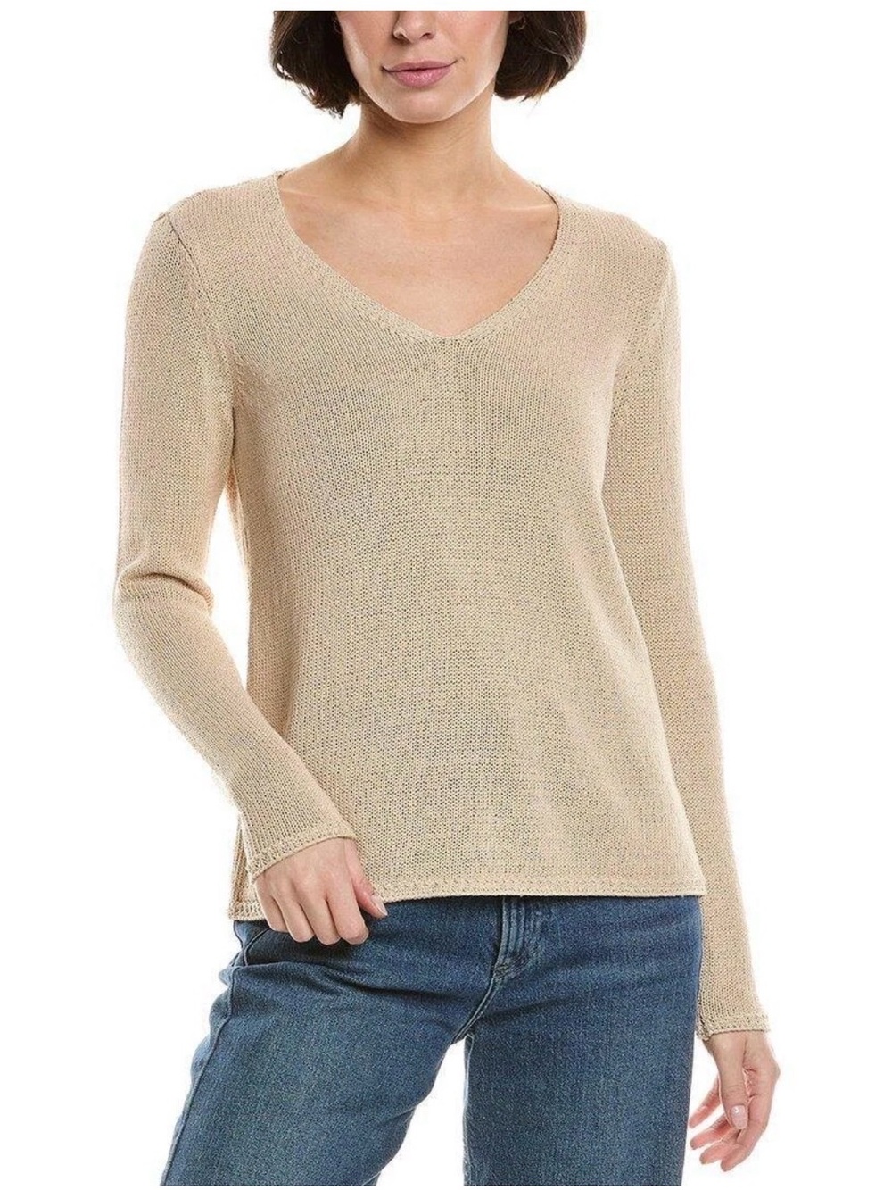 J McLaughlin Metallic Callum Sweater Womens Small Knit V Neck Beige Long Sleeve